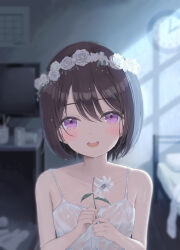 Rule 34 | 1girl, akie (44265104), blush, brown hair, double-parted bangs, dress, flower, hair between eyes, head wreath, highres, holding, holding flower, indoors, looking at viewer, open mouth, original, short hair, sleeveless, sleeveless dress, smile, solo, spaghetti strap, swept bangs, wet, wet clothes, wet dress, white dress