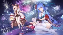 2025 3girls aerial_fireworks ayanami_(azur_lane) ayanami_(pulse_of_the_new_year)_(azur_lane) azur_lane blue_hair fireworks happy_new_year helena_(azur_lane) helena_(new_year&#039;s_bluebird)_(azur_lane) high_ponytail highres holding holding_lantern japanese_clothes kimono kyl490 laffey_(azur_lane) laffey_(snow_rabbit_and_candy_apple)_(azur_lane) lantern long_hair looking_at_viewer multiple_girls new_year night night_sky official_alternate_costume outdoors ponytail sky sleeves_past_fingers sleeves_past_wrists thighhighs white_hair white_thighhighs wide_sleeves