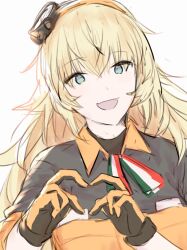 Rule 34 | 1girl, aqua eyes, black shirt, blonde hair, blue eyes, cardigan, collared shirt, commentary request, girls&#039; frontline, gloves, hair ornament, hairband, happy, heart, heart hands, highres, italian flag, italian flag print, long hair, looking at viewer, multicolored clothes, open mouth, orange cardigan, orange hairband, print ribbon, ribbon, s.a.t.8 (girls&#039; frontline), shake (hungrycurry55), shirt, smile, solo, two-tone gloves, wavy hair, white background