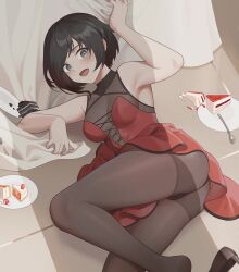 Rule 34 | 1girl, :d, armpits, ass, bare arms, bare shoulders, bed sheet, black hair, black pantyhose, breasts, cake, cleavage, dress, female focus, food, grey eyes, highres, looking at viewer, lying, medium breasts, on side, open mouth, pantyhose, plate, red dress, revision, ruby rose, rwby, see-through, see-through cleavage, sheet grab, shoes, short hair, smile, solo, spoon, tile floor, tiles, wangxiii