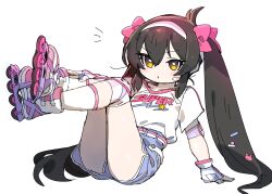 Rule 34 | 1girl, alternate costume, arm support, bandaid, bandaid on face, belt, black hair, blue shorts, blush, bow, bright pupils, chibi, collarbone, commentary request, cowlick, dolphin shorts, elbow pads, english text, feet up, fingerless gloves, gloves, hair bow, hairband, hand on own leg, highres, idolmaster, idolmaster cinderella girls, inline skates, knee pads, kneehighs, leaning back, long hair, looking at viewer, matoba risa, multiple hair bows, notice lines, pink bow, print shirt, roller skates, shirt, shirt tucked in, short shorts, short sleeves, shorts, sidelocks, simple background, sitting, skates, socks, solo, spawnfoxy, t-shirt, text print, v-shaped eyebrows, very long hair, white background, white gloves, white hairband, white pupils, white socks, yellow eyes