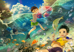 Rule 34 | 3boys, artist name, bird, blue sky, bubble, cloud, coral, day, diving mask, fish, goggles, innertube, male focus, multiple boys, navel, noeyebrow (mauve), original, outdoors, partially underwater shot, shorts, sky, snorkel, starfish, sun, swim ring, topless male, turtle, underwater, water gun