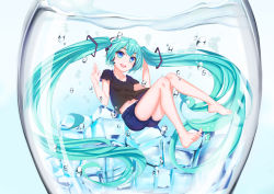 Rule 34 | 1girl, :d, absurdly long hair, air bubble, aqua hair, bad id, bad pixiv id, bare legs, bare shoulders, barefoot, blue eyes, bubble, cang se ye hua, cup, denim, denim shorts, floating hair, full body, hatsune miku, headphones, headset, highres, ice, ice cube, in container, in cup, long hair, looking at viewer, mini person, minigirl, navel, open mouth, short shorts, shorts, smile, solo, submerged, twintails, very long hair, vocaloid, water