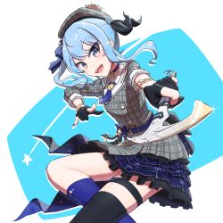 Rule 34 | 1girl, apex legends, axe, beret, black gloves, blue bow, blue eyes, blue hair, bow, dress, flat chest, gloves, grey dress, grey hat, hair behind ear, hair bow, hat, head tilt, highres, holding, holding axe, hololive, hoshimachi suisei, hoshimachi suisei (1st costume), m/, open mouth, partially fingerless gloves, plaid, plaid dress, plaid headwear, raven&#039;s bite, single thighhigh, smile, solo, thigh strap, thighhighs, virtual youtuber, xi pu