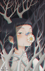 Rule 34 | 1girl, artist name, bandaid, bandaid on face, bandaid on nose, black hair, braid, chromatic aberration, cross, cross necklace, daisy, earrings, flower, flower earrings, freckles, highres, horns, jewelry, low twintails, maoi, necklace, original, solo, twin braids, twintails