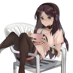 Rule 34 | 1girl, abs, absurdres, bare shoulders, belt, black shorts, breasts, brown hair, chair, choker, commission, commissioner upload, digital hazard, dusk (wayanfa), hair ornament, headphones, highres, lamota, multiple belts, non-web source, original, pantyhose, playing games, purple eyes, shirt, shorts, sitting, small breasts, steam deck, t-shirt, thigh belt, thigh strap, white background