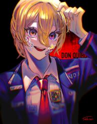Rule 34 | 1girl, absurdres, arm up, badge, black coat, blonde hair, coat, collared shirt, don quixote (project moon), highres, limbus company, necktie, open mouth, project moon, red necktie, sekisei mg, shirt, short hair, smile, solo, sticker, sticker on face, white shirt, wing collar