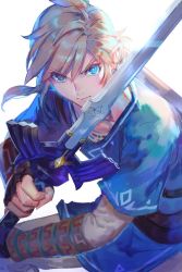 Rule 34 | 1boy, azu-taro, blonde hair, holding, holding sword, holding weapon, left-handed, link, long hair, looking at viewer, male focus, master sword, nintendo, pointy ears, short hair, simple background, solo, sword, the legend of zelda, the legend of zelda: breath of the wild, triforce, two-handed, weapon