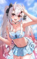Rule 34 | 1girl, absurdres, armpits, bare arms, bare shoulders, bikini, bikini skirt, black ribbon, blue bikini, breasts, choker, cleavage, collarbone, commentary request, day, frilled bikini, frills, gradient hair, grey hair, hair ribbon, highres, hololive, horns, leaning forward, legs together, long hair, medium breasts, multicolored hair, nakiri ayame, nakiri ayame (hololive summer 2019), navel, ocean, open mouth, outdoors, red hair, ribbon, ribbon choker, skin-covered horns, smile, solo, standing, stomach, sunlight, swimsuit, twintails, una hirag, very long hair, virtual youtuber, waves, yellow eyes