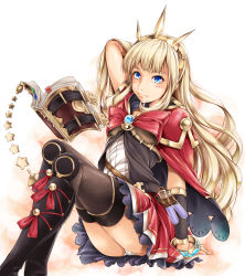 Rule 34 | 10s, 1girl, arm up, black thighhighs, blonde hair, book, boots, bow, bracelet, brooch, cagliostro (granblue fantasy), cape, crown, gauntlets, granblue fantasy, hand in own hair, highres, jewelry, kamiya tomoe, knee boots, long hair, looking at viewer, panties, pantyshot, shirt, sitting, skirt, solo, test tube, thighhighs, thighs, underwear, very long hair, white panties