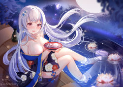 Rule 34 | 1girl, alcohol, bare legs, bare shoulders, blue kimono, blush, breasts, chinese commentary, cleavage, collarbone, commentary request, cup, drunk, earrings, floral print, flower, from side, glint, hair flower, hair ornament, heart, heart-shaped pupils, highres, holding, holding cup, japanese clothes, jar, jewelry, kimono, large breasts, lily pad, long hair, long sleeves, looking at viewer, looking to the side, miaogujun, nose blush, off shoulder, open clothes, open kimono, open mouth, original, petals, print kimono, red eyes, sakazuki, sake, silver hair, soaking feet, solo, symbol-shaped pupils, very long hair, water, wet, white flower, wide sleeves