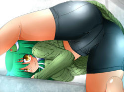 Rule 34 | 1girl, ass, barefoot, bent over, bike shorts, breasts, derivative work, female focus, frog, green hair, green shirt, honehone, kochiya sanae, large breasts, legs, looking at viewer, ribbed sweater, shirt, smile, solo, sweater, touhou, yellow eyes