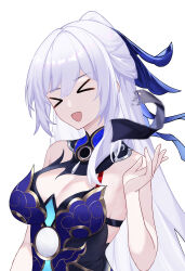 Rule 34 | &gt; &lt;, 1girl, :d, absurdres, bare arms, bare shoulders, blue dress, breasts, candy shunya, cleavage, commentary request, dress, highres, honkai: star rail, honkai (series), jingliu (honkai: star rail), large breasts, long hair, open mouth, simple background, sleeveless, sleeveless dress, smile, solo, upper body, very long hair, white background, white hair