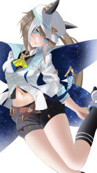 Rule 34 | 1girl, absurdres, anchor symbol, animal ears, ascot, belt, black shirt, black shorts, black socks, blue eyes, bob cut, bright pupils, brown hair, cheval grand (umamusume), collared shirt, commentary request, cropped shirt, ear covers, ears through headwear, fake wings, feet out of frame, foot up, hat, hat ornament, head tilt, highres, horse ears, horse girl, horse tail, inverted bob, jacket, kirameki (rikukaikuu), kneehighs, looking at viewer, midriff, multicolored hair, navel, parted lips, partially unbuttoned, peaked cap, shade, shirt, short shorts, shorts, sideways glance, sleeves past elbows, socks, solo, starry sky print, stomach, streaked hair, tail, umamusume, white hair, white jacket, white pupils, wings, yellow ascot