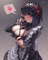 Rule 34 | 1girl, absurdres, apron, artist name, black dress, breasts, chain, chain leash, cleavage, dress, fake nails, flower, frilled apron, frilled hairband, frilled sleeves, frills, hair flower, hair ornament, hairband, heart, highres, holding, holding leash, ihoreco, kuroe shizuku, large breasts, leash, long sleeves, looking at viewer, maid apron, medium hair, parted lips, purple eyes, purple hair, purple nails, solo, sono bisque doll wa koi wo suru, spoken heart, waist apron, white apron, wide sleeves