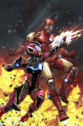 Rule 34 | 1boy, 1girl, armor, artist name, blue eyes, clenched hands, comic cover, commentary, cover image, english commentary, explosion, fighting, flying, glowing, glowing eyes, helmet, highres, iron man, ironheart, kael ngu, marvel, official art, open hands, power armor, rock, science fiction