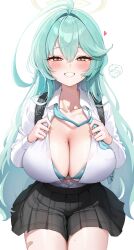 Rule 34 | 1girl, absurdres, ahoge, aqua necktie, black skirt, blue archive, blue archive the animation, blue bra, blush, bra, breasts, cleavage, commentary, green hair, green halo, hair between eyes, halo, highres, jehyun, large breasts, long hair, looking at viewer, necktie, sensei (blue archive), sensei (blue archive the animation), shirt, simple background, skirt, smile, solo, sweat, thighs, underwear, white background, white shirt, yellow eyes, yume (blue archive)
