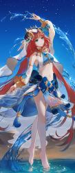 Rule 34 | 1girl, absurdres, aqua eyes, arm up, artist name, bare legs, bare shoulders, barefoot, blue bow, blue nails, blue sky, bow, breasts, brooch, crop top, dated, detached sleeves, full body, genshin impact, gold trim, harem outfit, highres, horns, jewelry, long hair, long sleeves, looking at viewer, low twintails, medium breasts, nail polish, navel, neck ring, nilou (genshin impact), parted lips, puffy long sleeves, puffy sleeves, red hair, ripples, skirt, sky, solo, standing, stomach, swkl:d, tiptoes, toenail polish, toenails, toes, twintails, veil, very long hair, vision (genshin impact), water