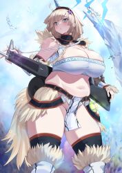 Rule 34 | 1girl, aa-12 (girls&#039; frontline), absurdres, ahoge, bags under eyes, bandeau, blue eyes, blunt bangs, breasts, cleavage, commission, curvy, highres, huge breasts, kirin (armor), light brown hair, monster hunter (series), navel, pixiv commission, plump, shio05 (05 sio), skindentation, solo, standing, strapless, thick thighs, thighs, tube top, white bandeau, white tube top