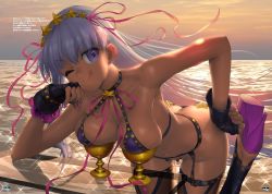 Rule 34 | 1girl, ;q, ass, bare arms, bare shoulders, bb (fate), bb (fate) (all), bb (swimsuit mooncancer) (fate), bb (swimsuit mooncancer) (second ascension) (fate), bead bracelet, beads, bent over, bikini, black gloves, bracelet, breasts, butt crack, cleavage, commentary request, dark-skinned female, dark skin, downpants, duplicate, fate/grand order, fate (series), fingerless gloves, garter belt, glass table, gloves, hair ornament, hair ribbon, hand on own hip, hanging breasts, high heels, highres, jewelry, large breasts, long hair, looking at viewer, nadeara bukichi, nail polish, ocean, one eye closed, outdoors, pink footwear, pink nails, pink ribbon, purple bikini, purple eyes, purple hair, ribbon, smug, solo, sparkle, star (symbol), star hair ornament, swimsuit, table, tongue, tongue out, translation request, twilight, v-shaped eyebrows, very long hair, water