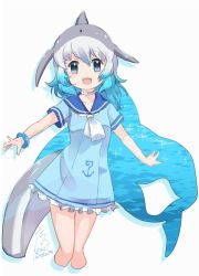 Rule 34 | 10s, 1girl, :d, anchor symbol, blowhole, blue eyes, blue hair, bracelet, cetacean tail, choker, common bottlenose dolphin (kemono friends), dress, fins, fish tail, frilled dress, frills, grey hair, japari symbol, jewelry, kemono friends, kemono friends 2, looking at viewer, multicolored hair, neckerchief, open mouth, sailor collar, short hair, short sleeves, signature, smile, solo, tail, tatsuno newo, water, white choker
