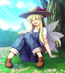 Rule 34 | 1girl, ^ ^, alternate costume, ass, blue sky, bow, brown footwear, brown hat, chima q, closed eyes, day, facing viewer, fairy wings, full body, hair between eyes, hat, hat bow, highres, knees together feet apart, knees up, lily white, open mouth, outdoors, overalls, red bow, shirt, shoes, short sleeves, sitting, sky, smile, solo, summer, touhou, tree, white shirt, wings