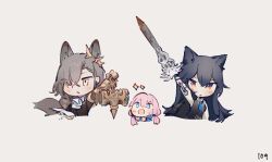 Rule 34 | 3girls, animal ears, arknights, ascot, black hair, black jacket, black vest, blue eyes, blue jacket, blue necktie, blue poison (arknights), blush, book, chibi, collared shirt, cropped torso, dress shirt, grey background, grey hair, hair between eyes, holding, holding sword, holding weapon, hood, hooded jacket, jacket, jacket on shoulders, long hair, looking at viewer, low twintails, multiple girls, necktie, official alternate costume, open book, open mouth, penance (arknights), pink hair, ruri (dailybloopy), shirt, simple background, sparkle, sword, texas (arknights), texas the omertosa (arknights), twintails, two-tone eyes, upper body, vest, weapon, white ascot, white shirt, wolf ears, wolf girl, yellow eyes
