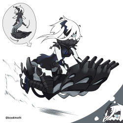 Rule 34 | 1girl, abyssal ship, ascot, black dress, boots, commentary request, covered mouth, dress, hover scooter, hover vehicle, imagining, kantai collection, mask, ne-class heavy cruiser, one-hour drawing challenge, pale skin, short dress, short hair, solo, tail, thigh boots, thighhighs, twitter username, uni (gugurutan), white hair