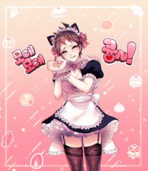 Rule 34 | 1girl, ahoge, alternate costume, animal ears, apron, black dress, blush, bow, breasts, brown hair, brown thighhighs, cake print, cat ears, cleavage, commentary request, cowboy shot, danganronpa (series), danganronpa 2: goodbye despair, dress, enmaided, fake animal ears, frilled apron, frilled sleeves, frills, garter straps, genderswap, genderswap (mtf), gwanlamcha, hair bow, hands up, highres, hinata hajime, large breasts, looking at viewer, maid, open mouth, pink bow, puffy short sleeves, puffy sleeves, short dress, short hair, short sleeves, skindentation, smile, solo, sweatdrop, thighhighs, translation request, white apron, wrist cuffs