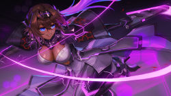 Rule 34 | 1girl, absurdres, black survival, blood, blood on face, blue eyes, breasts, brown hair, cathy huggins, cleavage, commentary, dark-skinned female, dark skin, eternal return: black survival, eye trail, hair between eyes, hairband, hexagon, high heels, highres, holding, holding weapon, large breasts, leg up, light trail, long hair, mistcastle, mixed-language commentary, official alternate costume, plunging neckline, red pupils, solo, swinging, weapon
