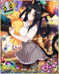 Rule 34 | 1girl, animal ears, bishop (chess), black hair, breasts, card (medium), cat ears, cat girl, cat tail, character name, chess piece, closed mouth, hair rings, hairband, high school dxd, high school dxd born, kuroka (high school dxd), large breasts, lipstick, long hair, looking at viewer, makeup, multiple tails, official art, pantyhose, purple lips, shirt, skirt, slit pupils, smile, solo, standing, tail, trading card, yellow eyes