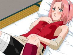 Rule 34 | 1girl, arm warmers, bandages, bare shoulders, bed, bike shorts, blush, breasts, from above, game cg, green eyes, hand on own chest, haruno sakura, headband, headdress, indoors, looking at viewer, looking up, lying, maten, miniskirt, naruto (series), naruto shippuuden, on back, on bed, open mouth, pillow, pink hair, red shirt, shirt, short hair, shorts, shorts under skirt, side slit, skirt, sleeveless, sleeveless shirt, small breasts, solo, spandex, white skirt