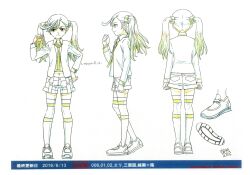 Rule 34 | 1girl, 2016, absurdres, ahoge, character sheet, dated, digimon, digimon universe: appli monsters, female focus, full body, highres, karan eri, monochrome, multiple views, navel, necktie, official art, scan, shoes, smile, standing, thighhighs, twintails