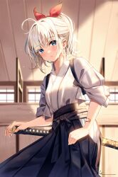 Rule 34 | 1girl, bandaid, bandaid on arm, blue eyes, blue hakama, blush, bow, commentary request, cowboy shot, cowlick, cross, cross earrings, day, dojo, earrings, floral print, from side, hair bow, hakama, high ponytail, highres, holding, holding sword, holding weapon, indoors, japanese clothes, jewelry, katana, kuri (animejpholic), long bangs, long sleeves, looking at viewer, mole, mole under eye, original, parted lips, red bow, robe, shadow, short ponytail, signature, sleeves pushed up, solo, sweat, sword, teeth, weapon, white hair, white robe