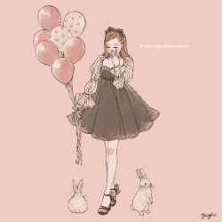 Rule 34 | 1girl, artist name, balloon, black dress, black footwear, black ribbon, blush, brown hair, closed eyes, clothing request, commentary, covering own mouth, dress, english text, eyeshadow, facing viewer, from behind, full body, hair ribbon, hand over own mouth, holding, holding balloon, long sleeves, makeup, medium hair, original, pink background, pink dress, pink eyeshadow, polka dot, polka dot balloon, polka dot dress, puffy long sleeves, puffy sleeves, rabbit, ribbon, signature, simple background, standing, symbol-only commentary, two-tone dress, white fur, white rabbit (animal), yayoi (frp-y)