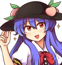 Rule 34 | 1girl, :&gt;, :d, black headwear, blue hair, blush, bow, bowtie, commentary, commission, eyelashes, food, fruit, hair between eyes, hand on headwear, hand up, hinanawi tenshi, leaf, long hair, looking at viewer, open mouth, peach, puffy short sleeves, puffy sleeves, red bow, red bowtie, red eyes, shirt, short sleeves, sidelocks, simple background, smile, solo, sparkle, touhou, upper body, white background, white shirt, wool (miwol)