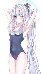Rule 34 | 1girl, absurdres, acedia, bare arms, bare legs, bare shoulders, black one-piece swimsuit, blue archive, blue halo, blush, breasts, closed mouth, commentary, frilled one-piece swimsuit, frills, grey hair, halo, highres, long hair, miyako (blue archive), miyako (swimsuit) (blue archive), official alternate costume, one-piece swimsuit, ponytail, purple eyes, small breasts, solo, swimsuit