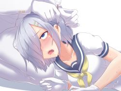 Rule 34 | 1girl, admiral (kancolle), blue eyes, blush, breasts, drooling, ear cleaning, eargasm, gloves, hair ornament, hair over one eye, hairclip, hamakaze (kancolle), highres, kantai collection, koumei (twinameless), lap pillow, long sleeves, lying, medium breasts, military, military uniform, mimikaki, naval uniform, on side, open mouth, school uniform, seiza, serafuku, short hair, short sleeves, silver hair, simple background, sitting, sweat, uncommon stimulation, uniform, white gloves