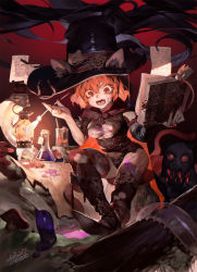Rule 34 | + +, 1girl, animal ears, book, boots, breasts, ears through headwear, english text, erlenmeyer flask, fang, flask, halloween, hat, highres, jewelry, mini hat, mini top hat, mushroom, open book, open mouth, orange eyes, orange hair, original, paper, red eyes, ring, slime (substance), snake, solo, tentacles, test tube, top hat, witch, witch hat, yellow eyes, yotsuyu