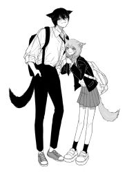 Rule 34 | 1boy, 1girl, animal ears, backpack, bag, bandaid, braid, breast pocket, cat boy, cat ears, cat girl, cat tail, closed mouth, collared shirt, commentary request, copyright request, cross, cross-laced footwear, cross earrings, earrings, facial mark, final fantasy, final fantasy xiv, full body, greyscale, hand on another&#039;s arm, hands in pockets, height difference, highres, jacket, jewelry, korean commentary, leaning forward, leaning on person, linked piercing, long hair, long sleeves, looking at viewer, miniskirt, monochrome, muryo, necktie, necktie grab, neckwear grab, pants, piercing, pleated skirt, pocket, shirt, shoes, short hair, simple background, skirt, smile, sneakers, socks, standing, tail, twin braids, twintails, warrior of light (ff14)