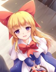 Rule 34 | 1girl, :d, apron, basket, blonde hair, blue dress, bow, bowtie, capelet, commentary request, dress, eyes visible through hair, hair bow, highres, holding, holding basket, long hair, long sleeves, looking at viewer, lzh, open mouth, purple eyes, red bow, red bowtie, shanghai doll, smile, solo, swept bangs, touhou, waist apron, white capelet