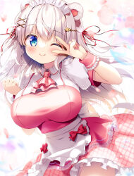 Rule 34 | 1girl, alternate costume, animal ears, apron, bear ears, blue eyes, breasts, brown hair, clenched hand, closed mouth, commentary request, dress, enmaided, fake animal ears, frilled dress, frills, hair between eyes, hair ornament, hair ribbon, large breasts, long hair, looking at viewer, maid, maid apron, maid headdress, one eye closed, original, panties, pink dress, ribbon, sasai saji, shirt, short sleeves, smile, solo, star (symbol), star hair ornament, striped clothes, striped panties, underwear, v, white shirt, wrist cuffs, x hair ornament