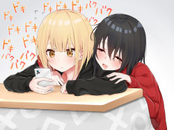 Rule 34 | 2girls, :d, black hair, black hoodie, blonde hair, blush, brown eyes, cellphone, closed eyes, closed mouth, commentary request, drooling, eyebrows hidden by hair, flying sweatdrops, hair between eyes, highres, holding, holding phone, hood, hood down, hoodie, kotatsu, long sleeves, mouth drool, mouth hold, multiple girls, open mouth, original, phone, piripun, red shirt, shirt, sleeves past wrists, smile, table, translation request, yuri