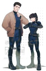 Rule 34 | 1boy, 1girl, baek ae-young, black footwear, black hair, blue bodysuit, bodysuit, boots, brown eyes, brown hair, brown jacket, closed mouth, commentary request, diving suit, english text, eoduun badaui deungbul-i doeeo, finger to mouth, full body, hand in pocket, highres, jacket, jihyeok seo, korean commentary, long hair, looking at viewer, ponytail, samban doyo, short hair, simple background, standing, wetsuit, white background