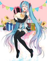 Rule 34 | 1girl, absurdly long hair, black footwear, black skirt, blue hair, blue nails, blue necktie, boots, box, closed eyes, detached sleeves, flower, full body, gift, gift box, grey shirt, hair between eyes, hair ornament, happy birthday, hatsune miku, high heel boots, high heels, highres, holding, letter, long hair, miniskirt, moegi0926, nail polish, necktie, open mouth, pink background, pleated skirt, shirt, sitting, skirt, sleeveless, sleeveless shirt, solo, sunflower, thigh boots, thighhighs, twintails, very long hair, vocaloid, yellow flower