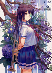 Rule 34 | 10s, 1girl, animal, arms behind back, bird, birthday, black hair, blouse, blue flower, blue skirt, branch, brown hair, bush, character name, closed mouth, cowboy shot, expressionless, eyepatch, flower, flower eyepatch, flower over eye, food, from side, fruit, hand on own arm, hibike! euphonium, highres, holding, holding own arm, hydrangea, instrument, kousaka reina, leaf, long hair, looking at viewer, looking to the side, miniskirt, neckerchief, norizc, one eye covered, plant, pleated skirt, purple eyes, purple flower, purple hair, raspberry, red neckerchief, sailor collar, school uniform, serafuku, shirt, short sleeves, silver hair, skirt, solo, standing, tree, trumpet, white flower, white shirt