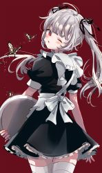 Rule 34 | 1girl, ahoge, apron, black ribbon, blush, bug, butterfly, commentary request, dress, frilled apron, frilled dress, frills, from behind, grey hair, hair ribbon, highres, holding, holding tray, insect, long hair, looking at viewer, looking back, maid, maid apron, one eye closed, original, parted lips, puffy short sleeves, puffy sleeves, red background, red eyes, ribbon, sha2mo, short sleeves, simple background, solo, thighhighs, tray, twintails, very long hair, white apron, white thighhighs