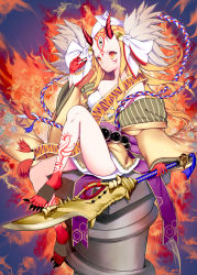 Rule 34 | 1girl, absurdres, bare shoulders, black nails, blonde hair, breasts, closed mouth, colored skin, commentary request, expressionless, facial mark, fate/grand order, fate (series), fingernails, floral print, forehead mark, full body, highres, holding, holding weapon, horns, ibaraki douji (fate), japanese clothes, kimono, kong3807, long fingernails, long hair, looking at viewer, multicolored skin, nail polish, off shoulder, oni, pointy ears, print kimono, red skin, sharp fingernails, sharp toenails, sitting, skin-covered horns, small breasts, solo, tattoo, toenails, weapon, yellow eyes, yellow kimono