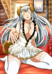 Rule 34 | 00s, 1girl, animal ears, breasts, chouun shiryuu, dog ears, dog tail, closed eyes, female focus, hairband, ikkitousen, ikkitousen dragon destiny, jpeg artifacts, large breasts, long hair, official art, silver hair, solo, sparkle, tail, thighhighs, very long hair, white thighhighs