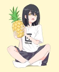 Rule 34 | 1girl, black hair, crossed legs, fang, food, fruit, full body, grey skirt, highres, holding, holding food, holding fruit, looking at viewer, medium hair, open mouth, original, pineapple, pinponpo, print shirt, shirt, short sleeves, simple background, sitting, skirt, socks, solo, t-shirt, white shirt, white socks, yellow background, yellow eyes